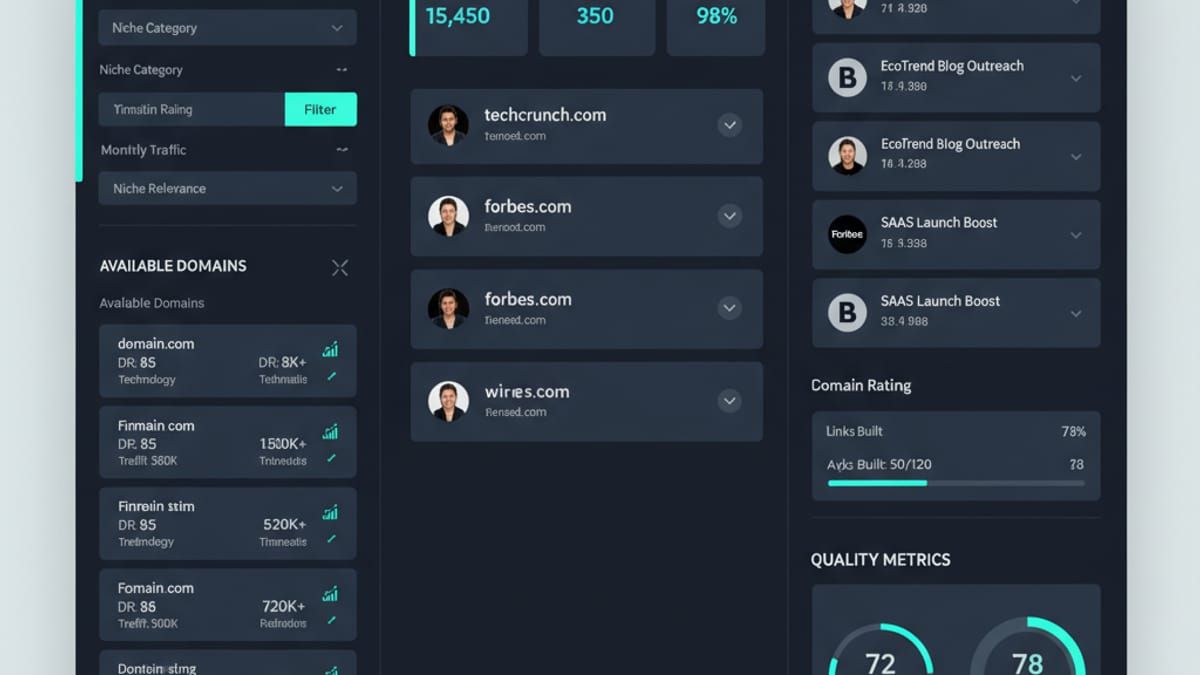 Backlink portal dashboard showing publisher network